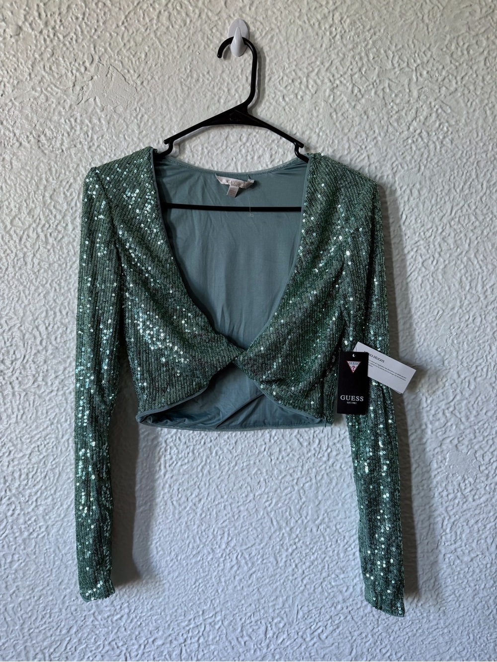 Guess Sage Green Sequin Twist-Front Long Sleeve Crop Top size S